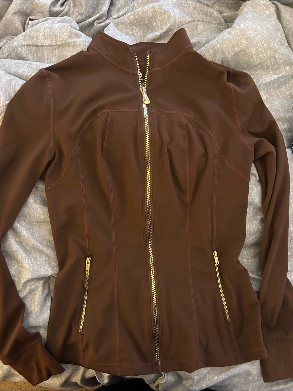 Women’s Chocolate Brown Zip-Front BBL Jacket with Gold Hardware